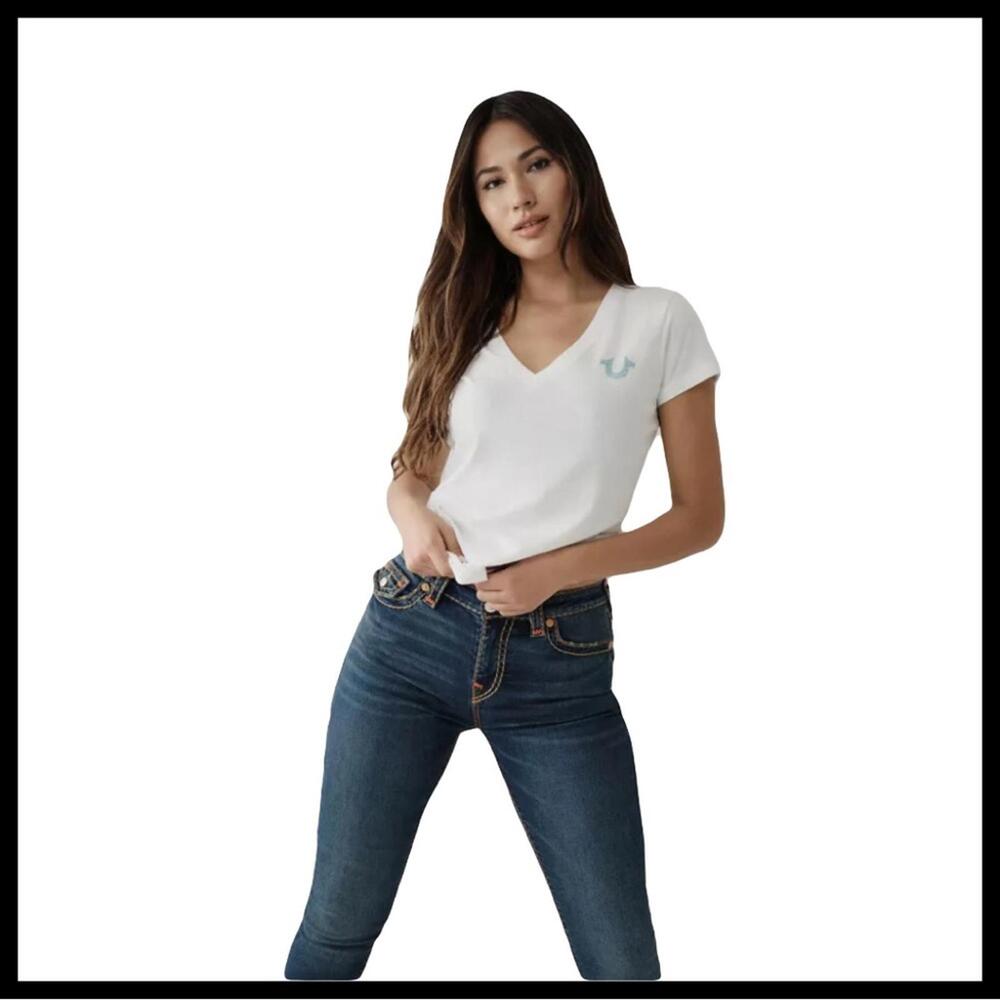 True Religion White Slim Glitter Logo V-Neck Tee